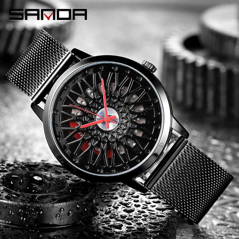 

SANDA 2021 New Quartz Watch Men's Creative Hollow Roulette Mesh Steel Belt Waterproof Sports Cool Male Watch Relogio P1060