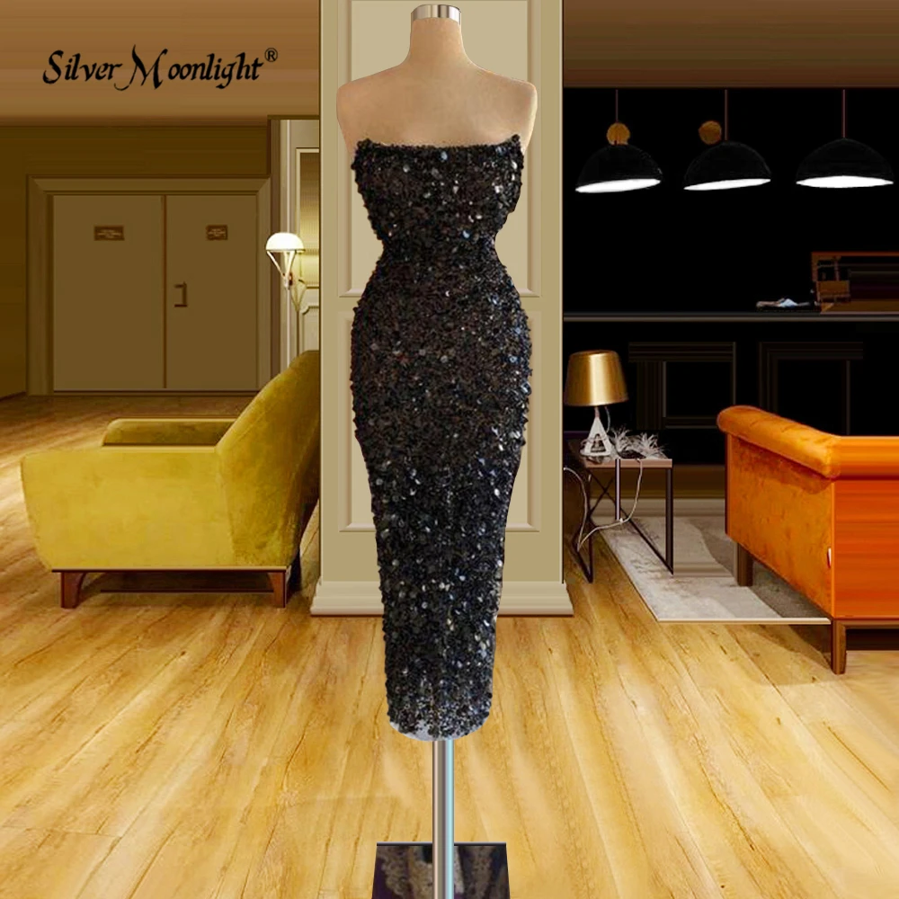 

Arabic Strapless Sequins Glitter Evening Dresses 2022 Backless Prom Party Gowns for Women Summer Sext Sleeveless Cocktail Dress