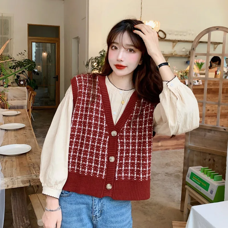 Свитер жилет Женский винтажный клетчатый мягкий Повседневный Модный женский