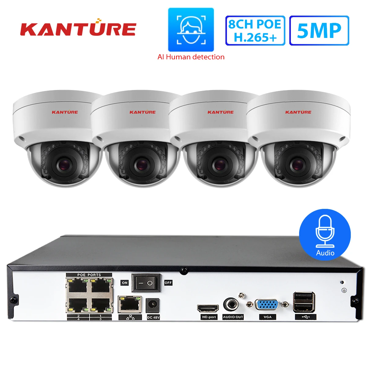KANTURE H.265+ 4CH 5MP POE NVR система аудио запись 5MP Wandalproof безопасность в/на открытом воздухе POE ip-камера система видеонаблюдения