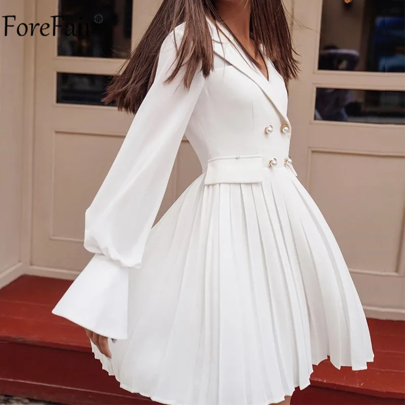 Forefair с длинным рукавом белый плиссированный V образным вырезом костюм платье