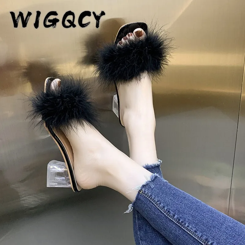 Меховые сапоги на высоких каблуках Искусственная пушистые меховые тапочки для