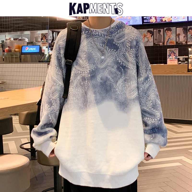 

KAPMENTS Men Paisley Harajuku Vintage Sweaters 2022 Mens Tie Dye Japanese Streetwear Pullovers Male Y2k Korean Knitted Sweater