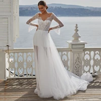boho lace wedding dress for women tulle see through long flare sleeves backless bridal gown elegant a line vestido de novia 2021