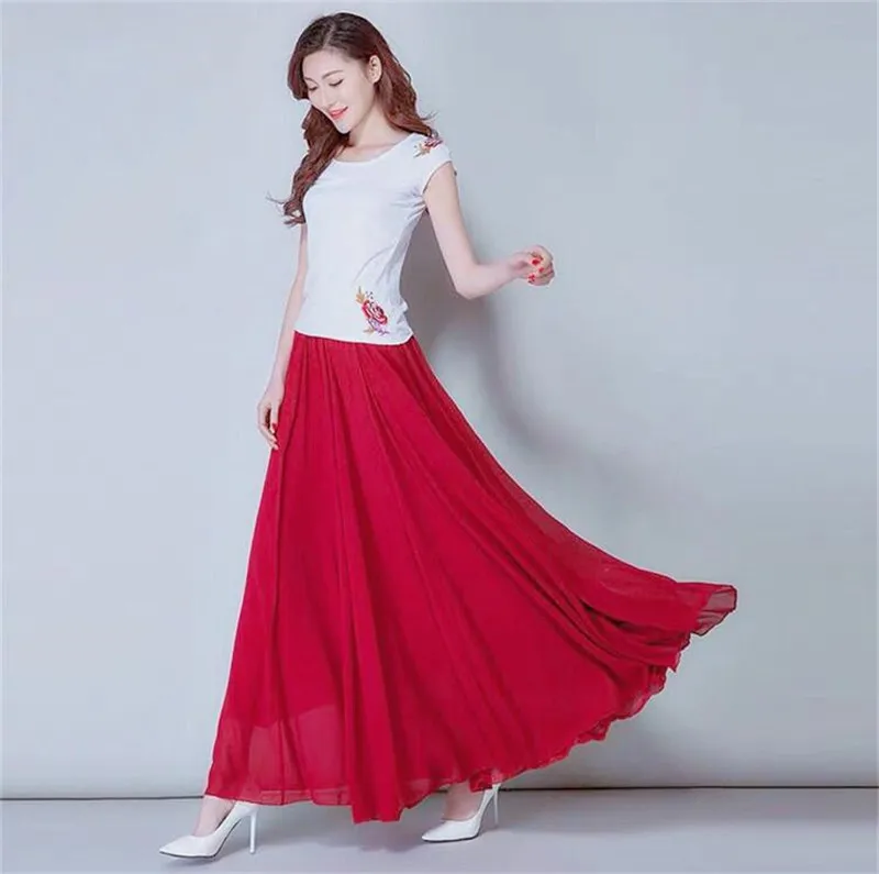 Красный Большие размеры, женские шифоновые длинные юбки, 5XL, 6XL, 7XL, одноцветные, Boho, юбки для вечеринок, праздничные, свободные, Комфортные юбки, фиолетовые, красные, Blcak - Цвет: Красный