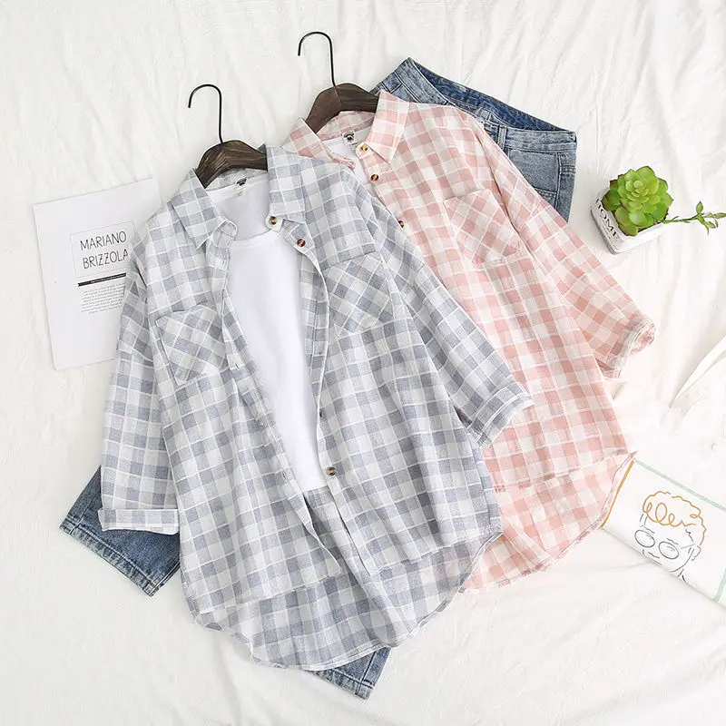 

Shirts Women Long Sleeve Turn-down Collar Blouse Spring Korean Style Students Plaid Sweet BF Pink Womens Trendy Leisure Chic New