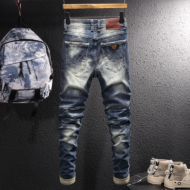 European Vintage Fashion Men Jeans Retro Blue Elastic Slim Fit Ripped Jeans Men Distressed Plain Designer Casual Denim Pants