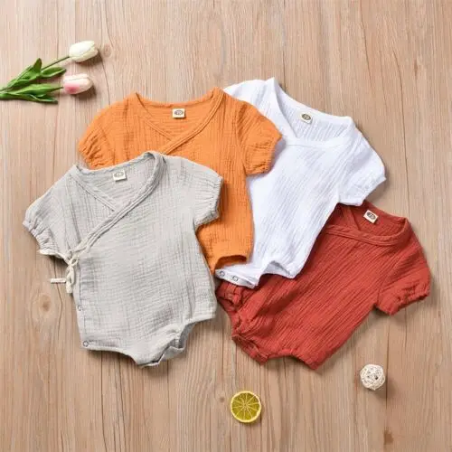 Ropa para ni&ntilde;os reci&eacute;n nacidos, mono liso, traje de manga corta de algod&oacute;n, de verano-3