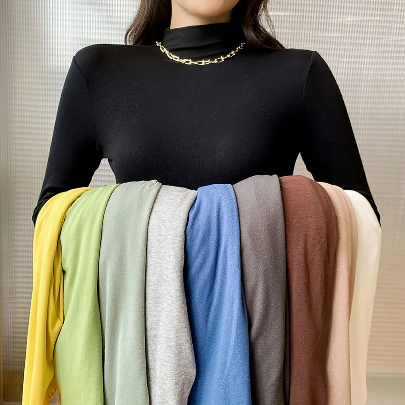 

Женская футболка с длинным рукавом, Новинка осени 2021, стильная нижняя рубашка из модала, однотонный Тонкий Топ с высоким воротником