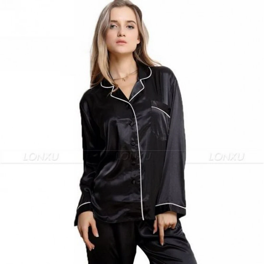 Осенне-зимние женские шелковые атласные пижамные комплекты с отложным