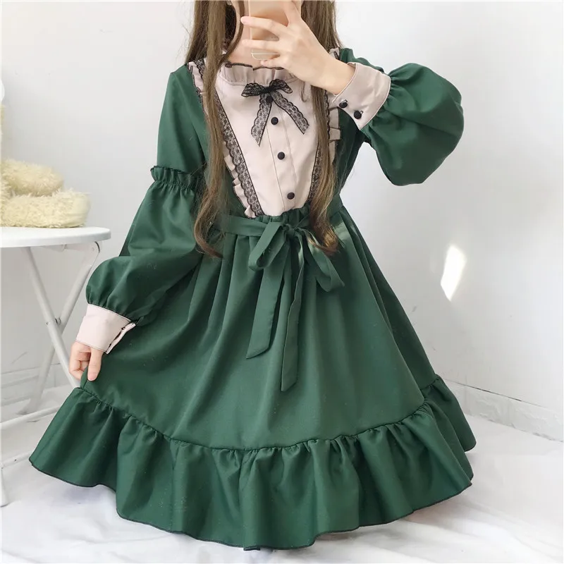 

Japanese Kawaii Lolita Dress Women Ruffle Long Sleeve Dark Green Gothic Lolita Bow Lace Dress Vintage Sweet Maid Dress Tea Party