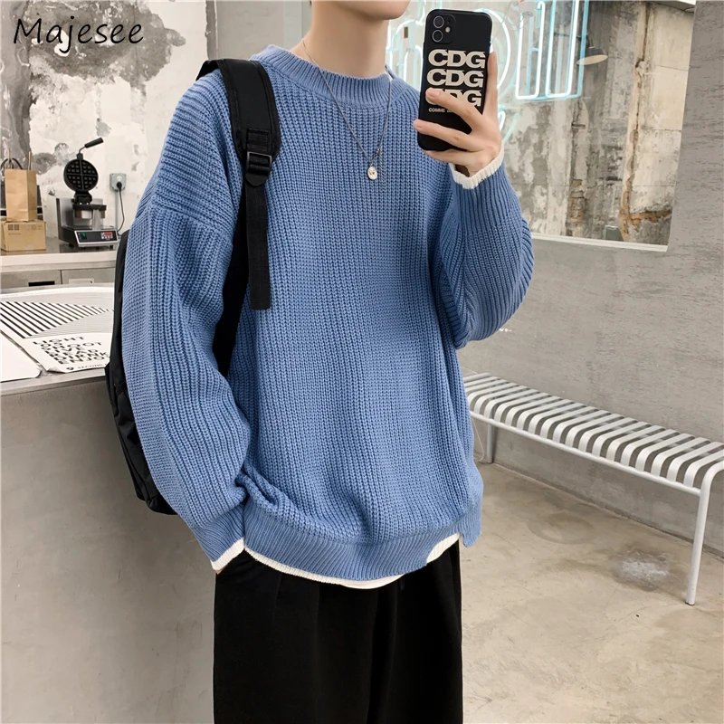 

Men Pullovers Winter Patchwork Thicker Loose Sweaters O-neck Fake 2 Pieces Stylish Warm Collage Students All-match Leisure Tops