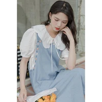 blue denim strap skirt female 2021 summer new style korean loose embroidered skirt dress long skirt bohemian style dress