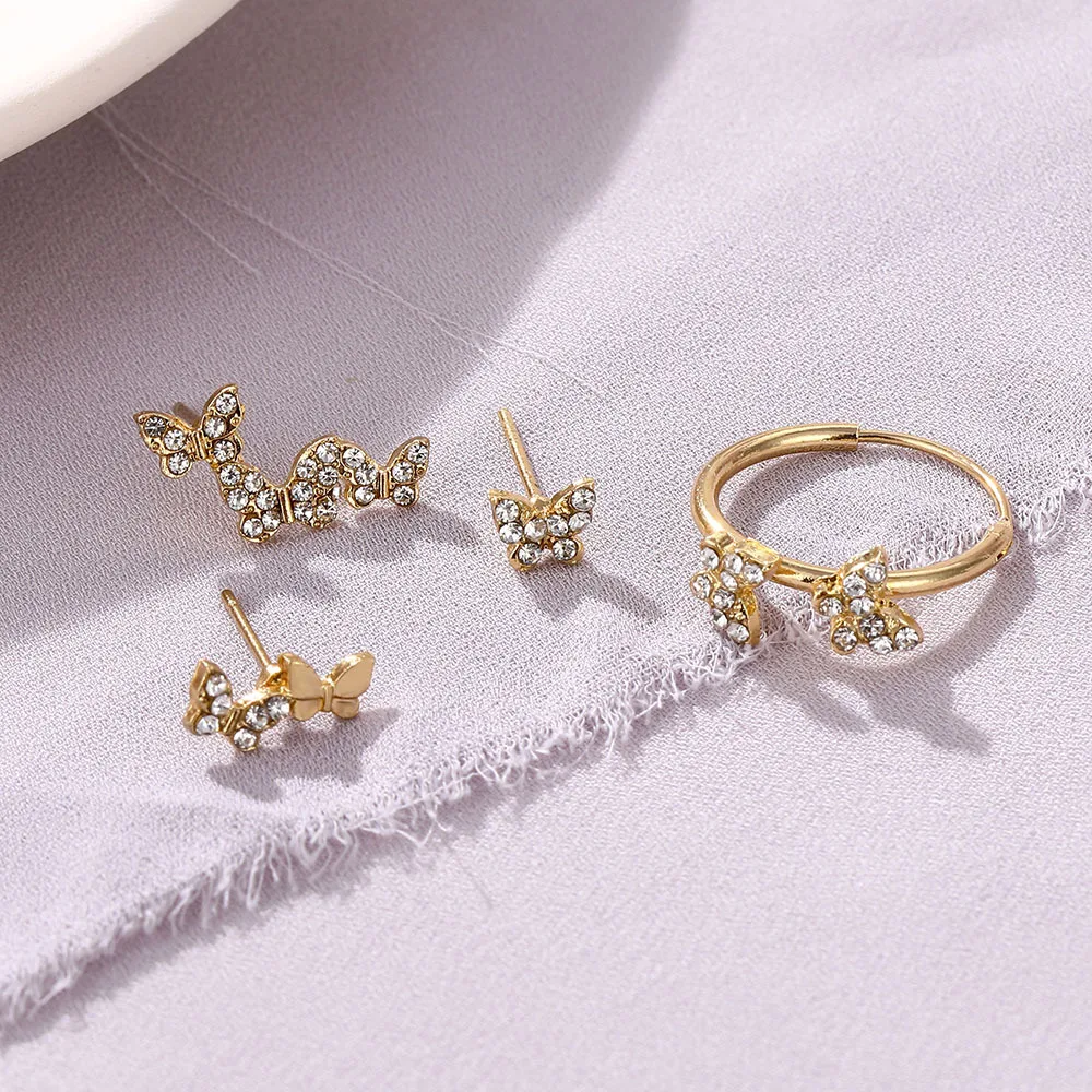 

Unique Design Crystal Butterfly Hoop Earrings Irregular Rhinestone Accessories Geometric Earrings Metal Butterfly Jewelry Set