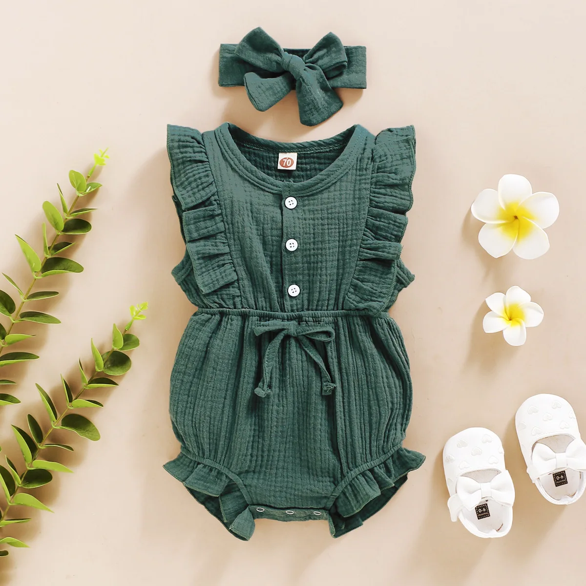 

Summer Lace Sleeve Double-sided Wrinkled Triangle Romper Newborn Baby Girl Clothes Jumpsuit Infant Valentine Outfit