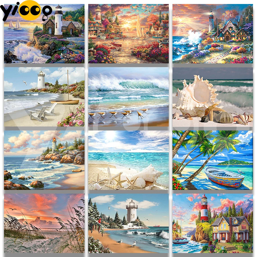 Full Square/Round Diamond Embroidery Lighthouse Beach Sea Landscape 5D Painting Rhinestone Mosaic Home Decor Gift | Дом и сад