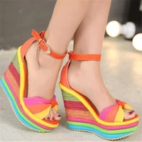 fashion summer women shoes increased high heels wedges sandals hemp rainbow platform sandals women femmes sandales female shoes