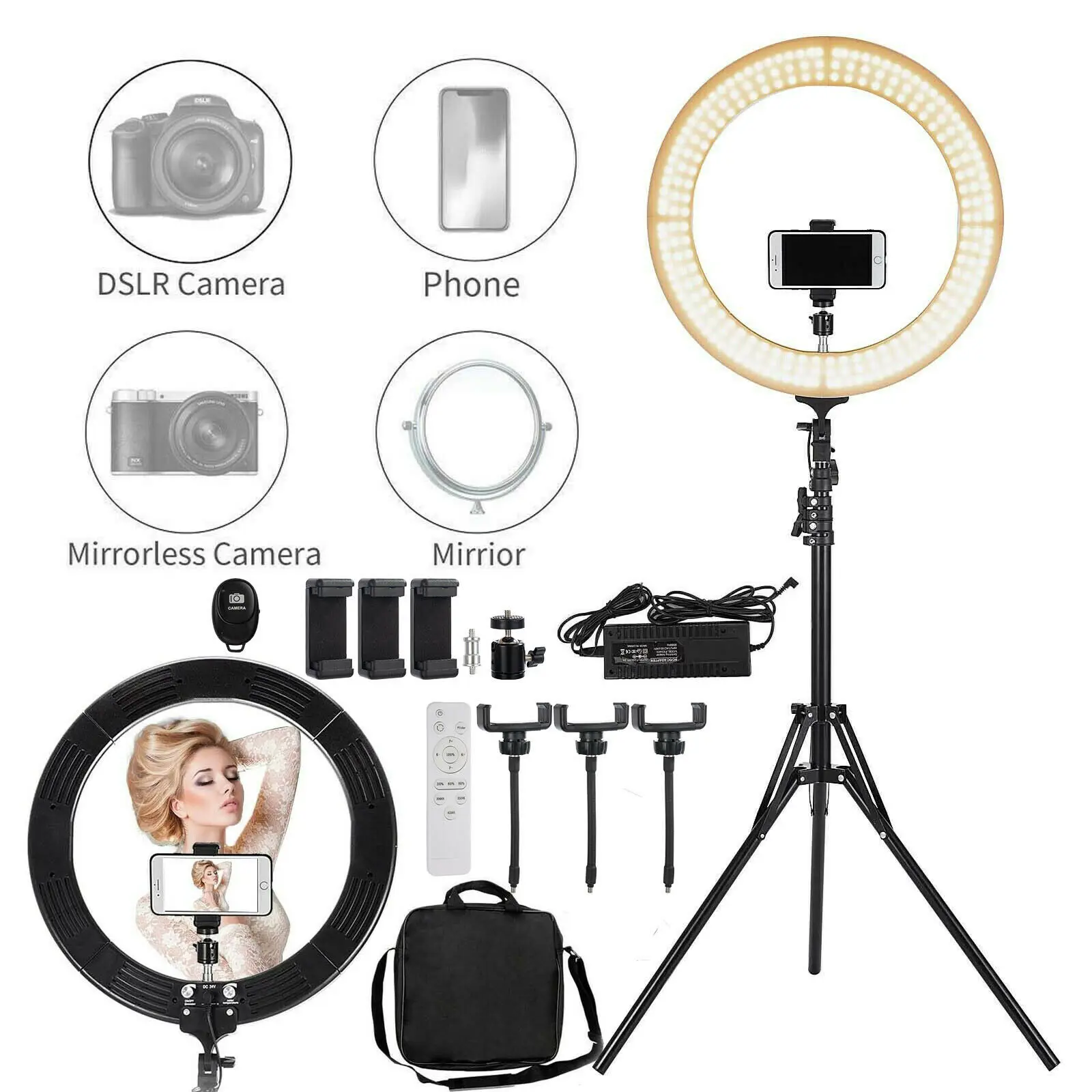 Дешево Оссветильник итель светодиодный кольцевой для селфи, 19 дюймов, 6000 К, с регулировкой яркости