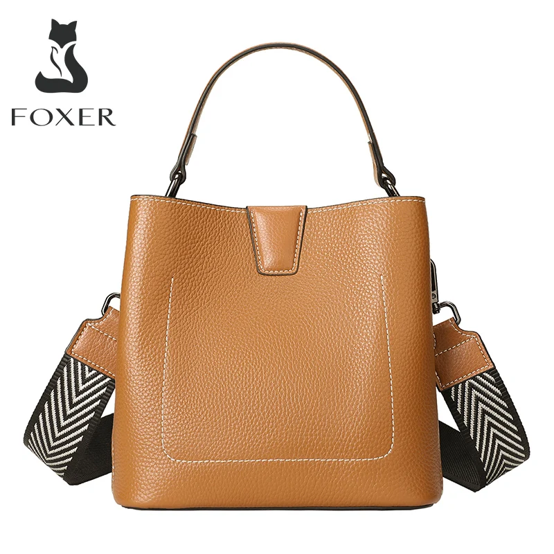 

Женская сумка из натуральной кожи FOXER, черная сумка через плечо из натуральной кожи, с ручкой-ведром, модная мягкая дорожная сумка через плеч...