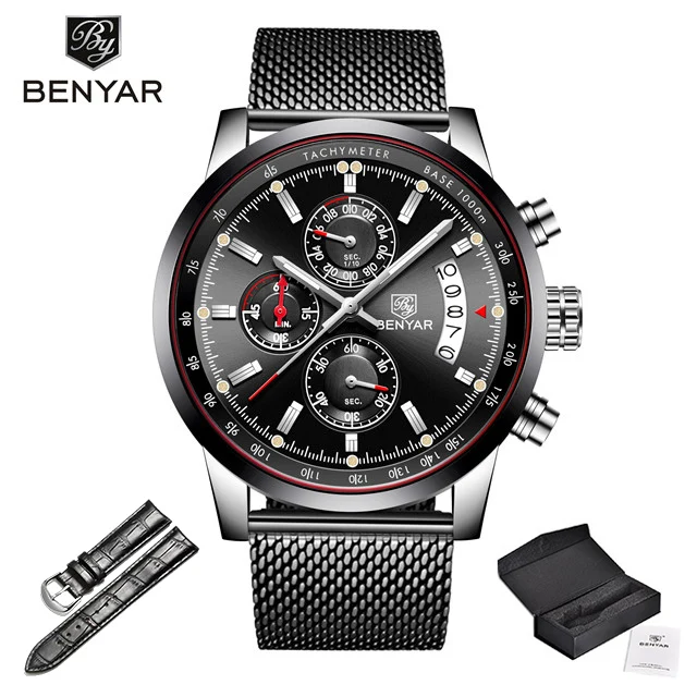 S-black box Мужские часы BENYAR, новинка, топ класса люкс, бренд, Бизнес Стиль, дата, мужские часы, сетка, нержавеющая сталь, кварцевые часы с хронографом, zegarek meski - Цвет: S-black box