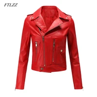 ftlzz women motorcycle pu leather jacket winter and spring black red faux leather coat turn down collor lady outerwear