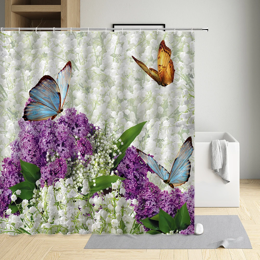 

Butterflies garland Creative Shower Curtain Hummingbird Green leaf Waterproof Cloth Bathtub Bathroom Decor Bath Screen With Hook
