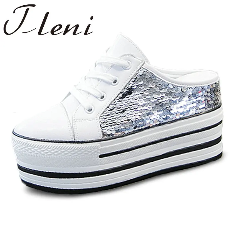 Женская спортивная обувь прогулочная на толстой подошве с блестками Кожаные