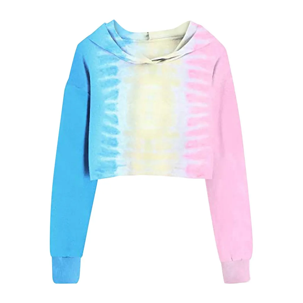 

FREE OSTRICH Womens Tie-dye Printed Hoodies Autumn Long Sleeve Sweatshirt Brief Pullover Thin Tops Elegant Cute Short Hoodies