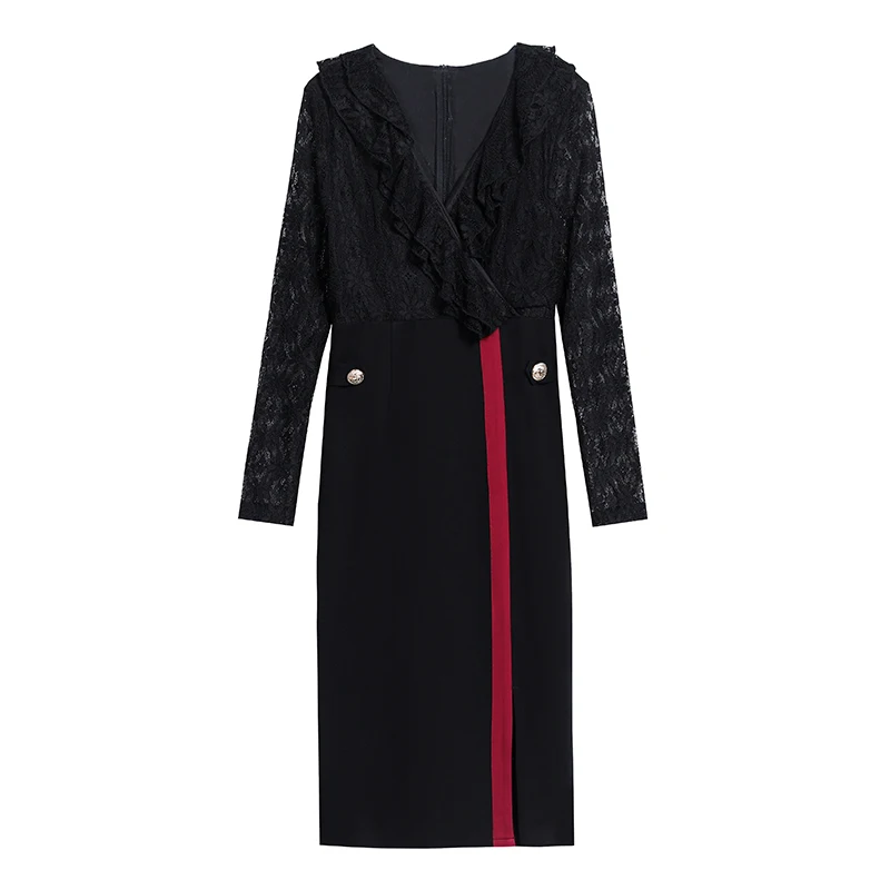 

2021 Spring Autumn Leisure Women Dresses New Large Size Ladies Hepburn Wind Splicing Lace Outfit V Neck Long Sleeve Clothes