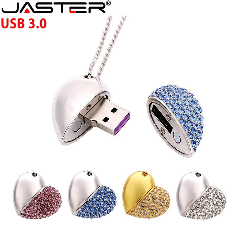 

JASTER USB 3.0 metal diamond love heart shape USB Flash Drives hearts with chain 4GB 8GB 16GB 32GB 64GB necklace memory stick