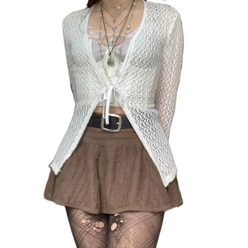 

Женский вязаный свитер hirigin, белый кардиган на шнуровке с длинным рукавом, верхняя одежда в стиле ретро, джемперы с V-образным вырезом и сказо...