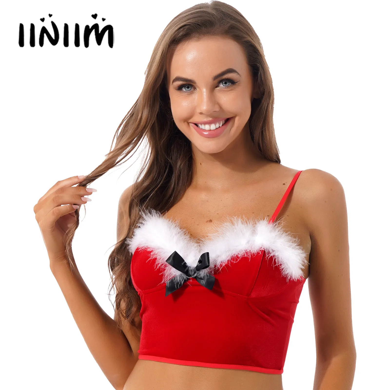 

Womens Feather Trimming Velvet Camisole Top Bowknot Corset Crop Top Adjustable Spaghetti Strap Christmas Santa Cosplay Costume