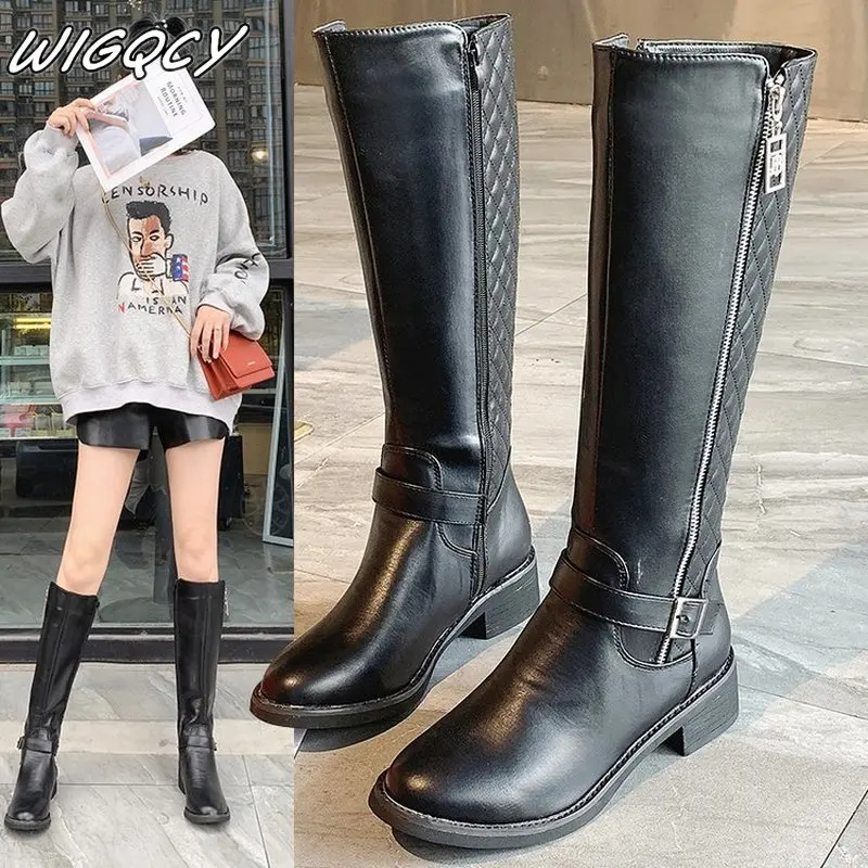 

2020 autumn winter new side zipper long boots leather net red with paragraph thick with leather boots long tube women's boots