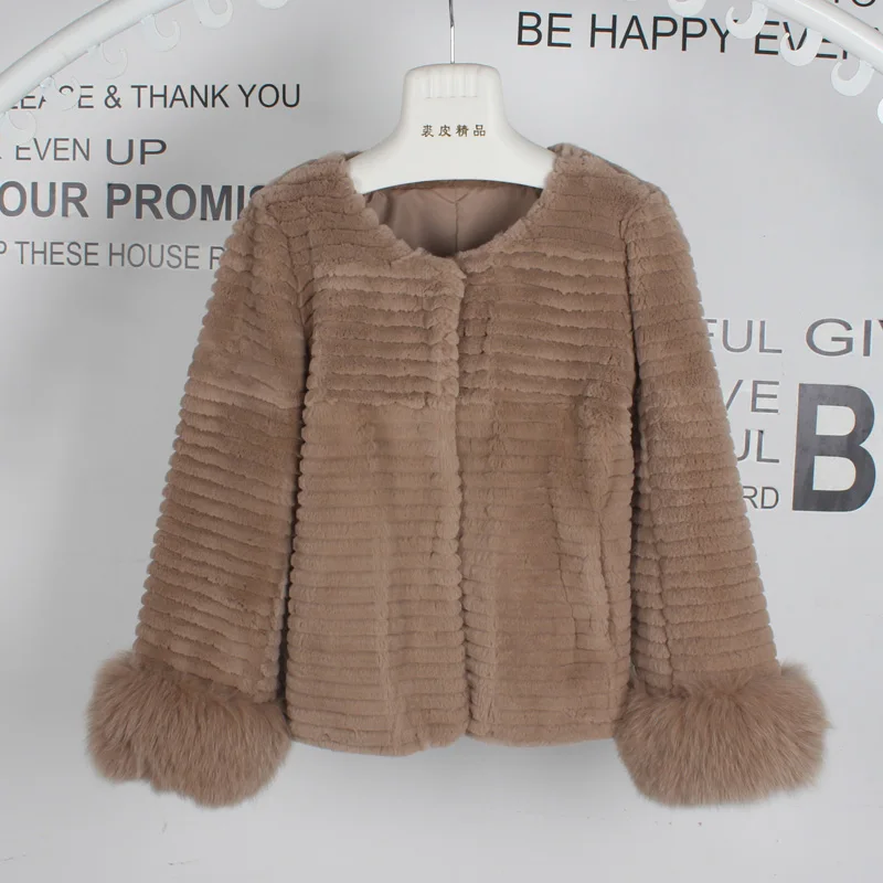 

Winter Real Rex Rabbit Fur Coats Lady Fur Jackets Fox Fur Cuff Top Quality New Arrivals S3581