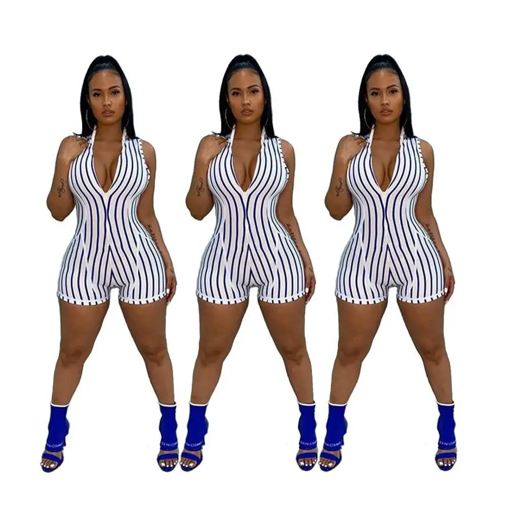 

Europeans Hot Recommend Style Casual Women Vertical Striped Skinny Short Jumpsuit Summer Sexy Lady Sleeveless Playsuit Catsuit