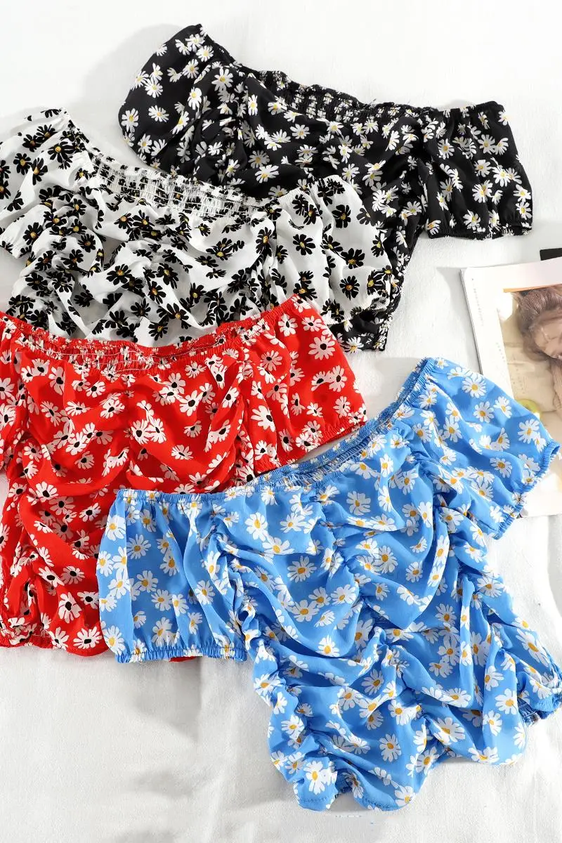 

Daisy Chiffon Shirt New Summer Women's Floral Short Sleeve off-the-Shoulder Top Short Cropped Western Style Shirt F171