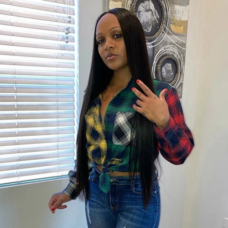 

TNNAOFF Sexy Plus Size Plaid Patchwork Shirts for Women Fall Clothing Fashion Elegant Long Sleeve Button Blouses Streetwear