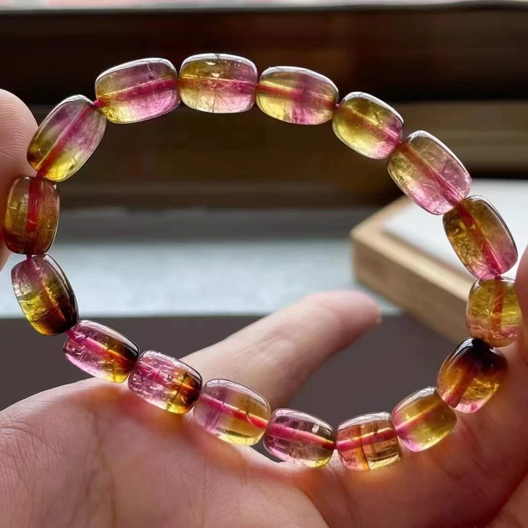 

Genuine Natural Orange Red Tourmaline Quartz Bracelet 8.5*10.5mm Brazil Clear Round Beads Women Watermelon Tourmaline AAAAAA