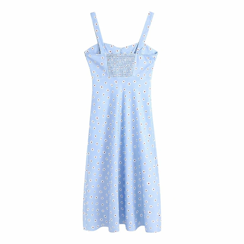 

Summer women's casual flower print ruffle trim slit slim-fit suspender dress