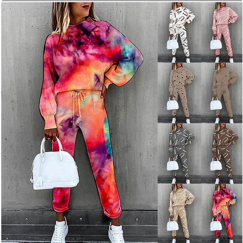 

Женский костюм из двух предметов с принтом Tie Dye, Осенний модный костюм для отдыха с длинным рукавом и высоким воротником, женский спортивный...