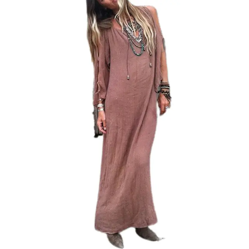 

Fashion Women V-Neck Casual Loose Fit Plain Long Sleeve Long Dress Summer Beach