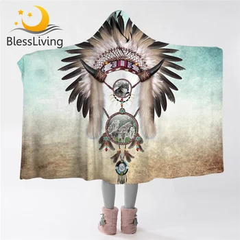 BlessLiving Wolf Dreamcatcher Hooded Blanket Tribal Feather Sherpa Fleece Throw Blanket Gray Teal Wearable Blanket 1