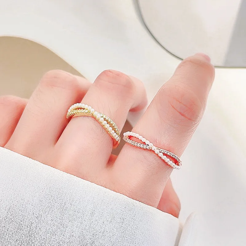 

Korean Rhinestone Pearl Paved Criss Open Ring For Women 2021 Delicate New Jewelry Simple Adjustable Rings