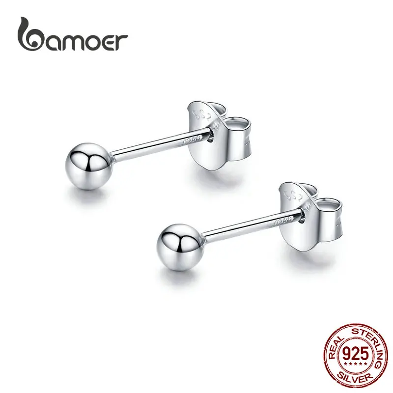 

bamoer 925 Sterling Silver small Ball Sleeping Stud Earrings for Women Original Design Fine Jewelry Bijoux Brincos SCE581