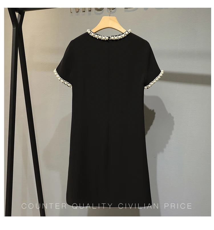 

Heavy Rhinestone Luxury Dress Female 2021 Summer Fashion Round Neck Short Sleeves A- Line Black Dress Slim Temperament Dresses