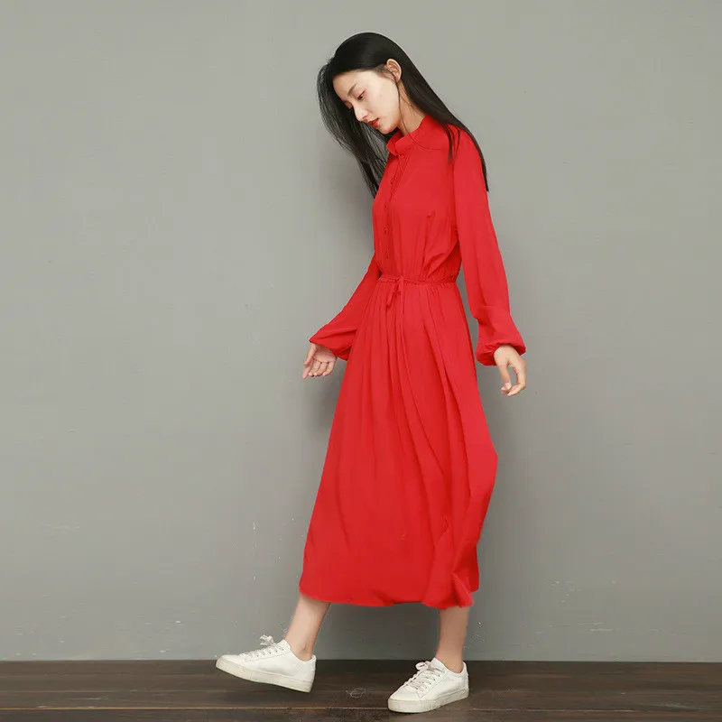 

Red Ladies Dresses Spring Summer Women Long Sleeve High Waist Loose Lace Up Thin A Line Long Casual Maxi Shirt Dress Elegant