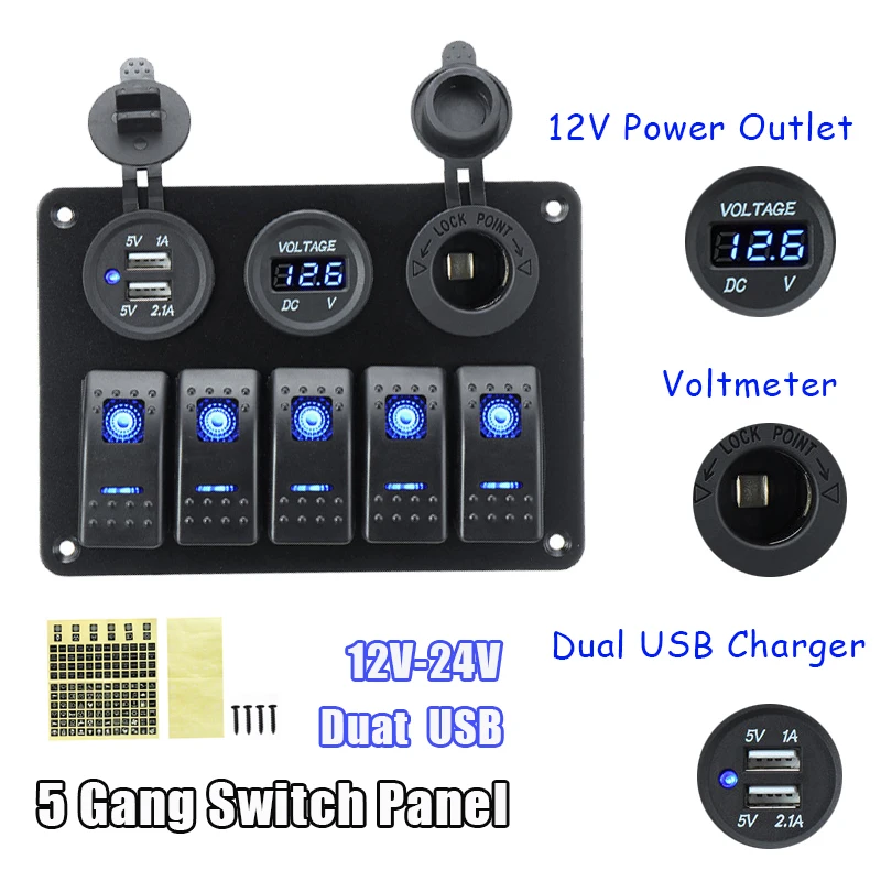 

5-Gang 12V LED Rocker Switch Panel Digital Voltage Display Voltmeter Dual USB Port Outlet Combination Waterproof Car Marine Boat