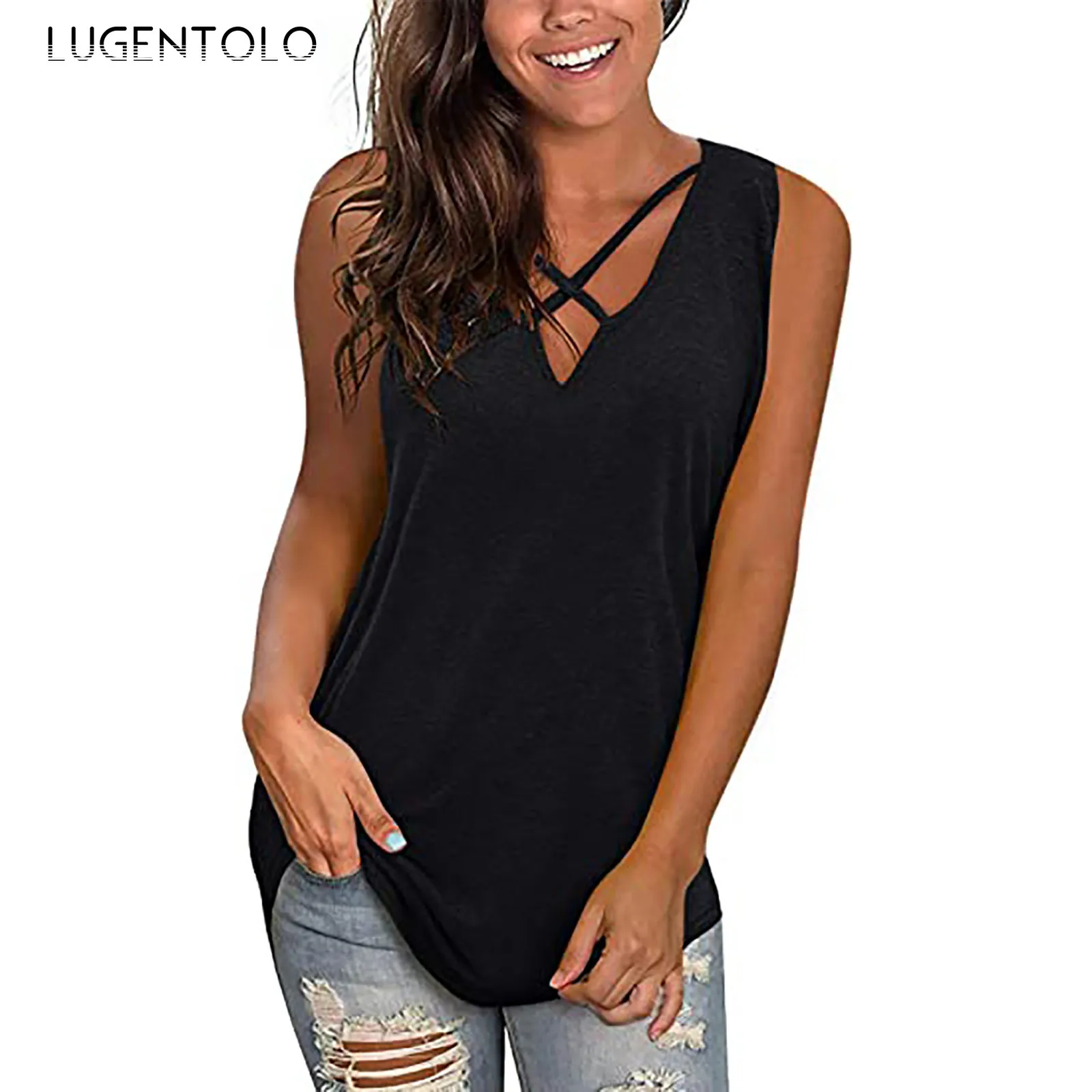 

Женская Сексуальная футболка Летняя майка без рукавов топы, однотонные топы, женская повседневная обувь, модная, с v-образным вырезом, уличн...