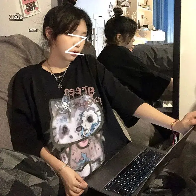 Футболка в стиле оверсайз с рисунком скелета готический Топ эмо уличная одежда