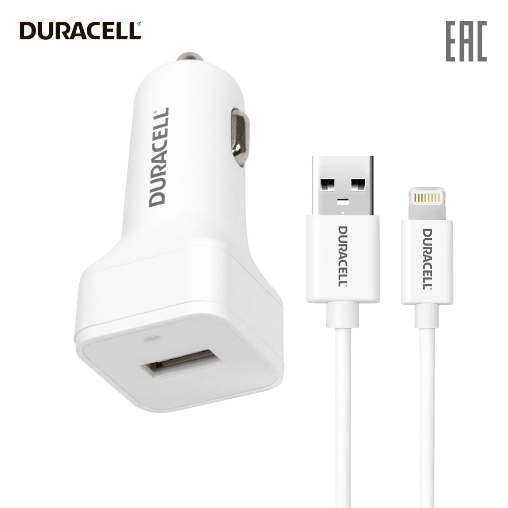 Автомобильное зарядное устройство 1USB 2.4А Fast charger кабель lightning MFI 1м DR5031W Duracell